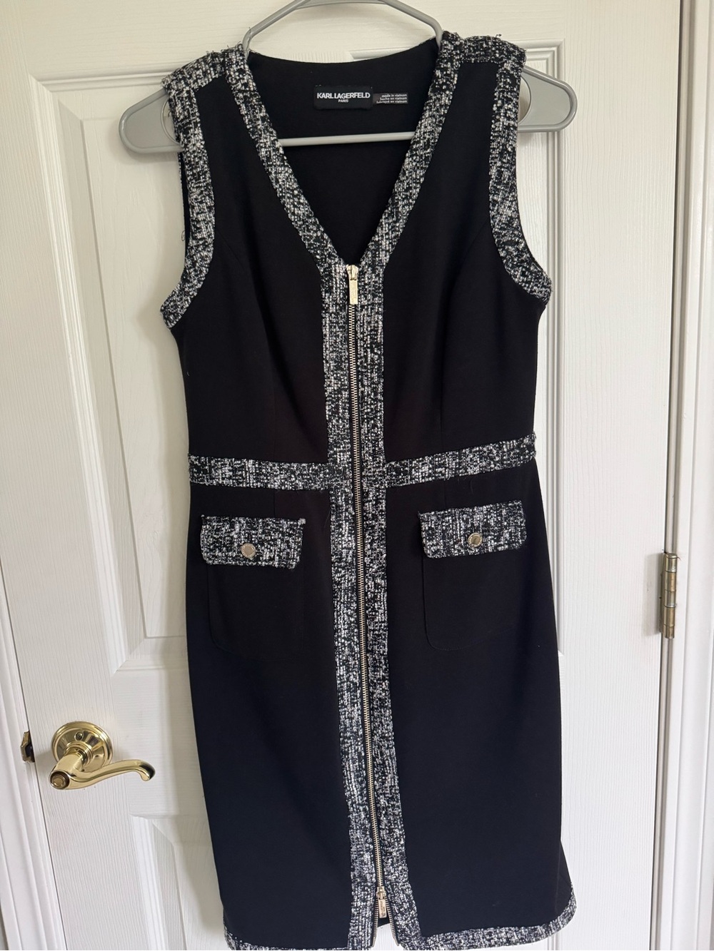 Karl Lagerfeld Black Dress with Black-and-White Tweed Trim